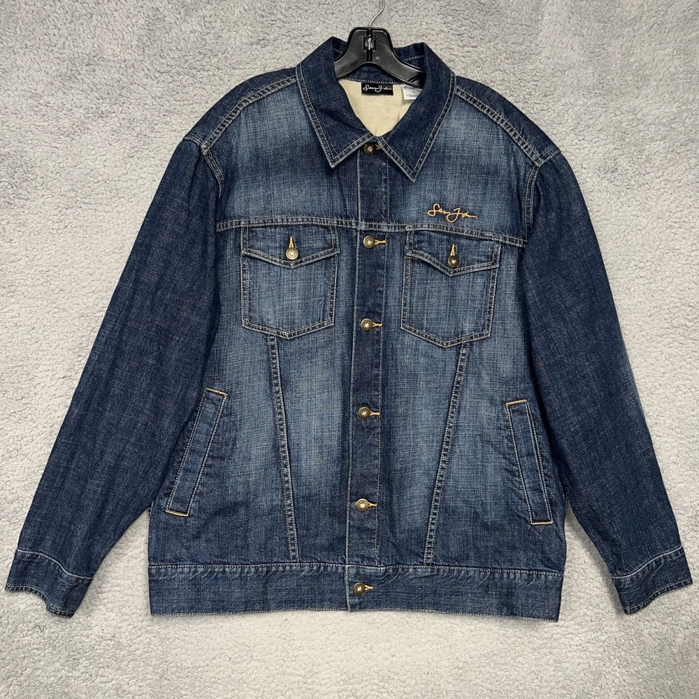 VTG Sean John Jean Jacket Men's Sz L Blue Wash Gold Embroider Denim Trucker Y2K